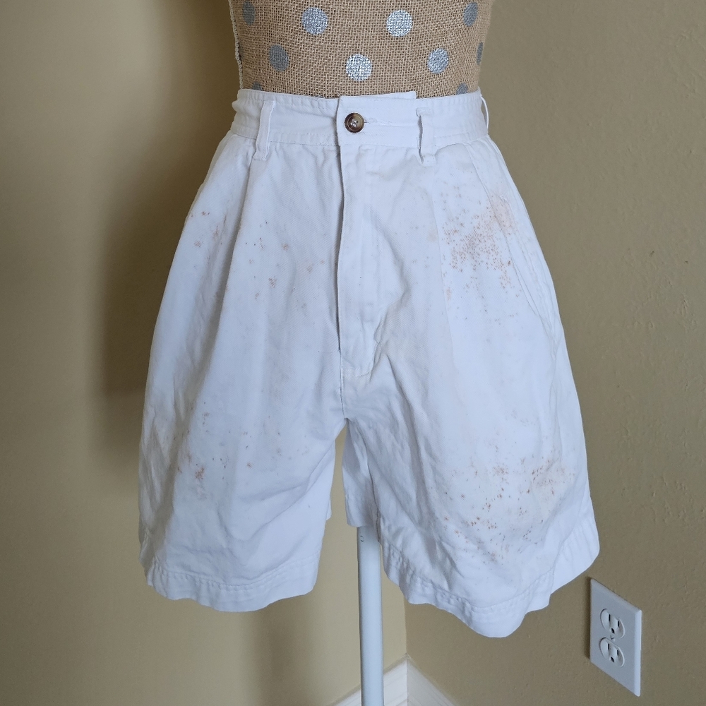 White Stag High Rise Pleated White Denim Shorts Paint Splatter 4 100% Cotton